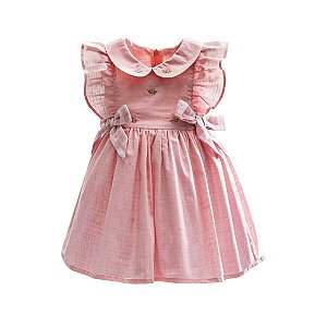 Vestido em Tricoline Flamê com Gola Bordada e Laços Rosê