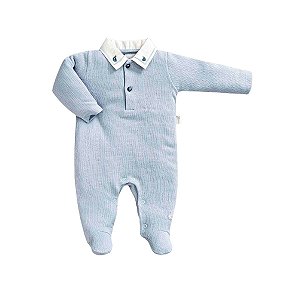 Macacão Longo em Malha Tricot com Gola Polo Azul
