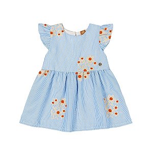 Vestido Listrado com Bordado Floral Azul