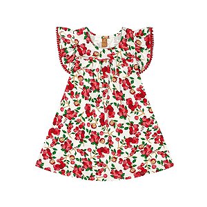 Vestido Manga Curta em Cotton Estampado Off White