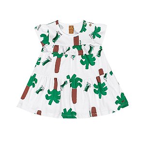 Vestido Meia Malha Estampa Coqueiros Branco