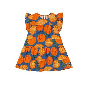 Vestido Meia Malha Estampa Laranjas Azul Petróleo