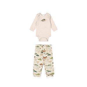 Conjunto Body Manga Longa e Calça em Suedine Estampado