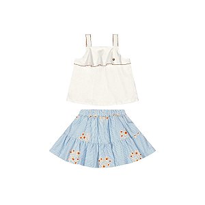 Conjunto Blusa e Saia com Flores Off White