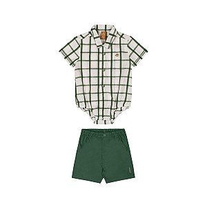 Conjunto Body Camisa Xadrez e Bermuda Verde Escuro