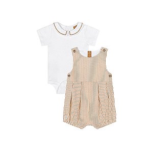Conjunto Body Suedine e Macaquinho Listrado Marrom