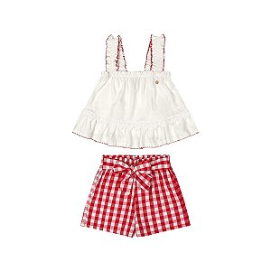Conjunto Blusa Meia Malha e Short Tecido Vichy
