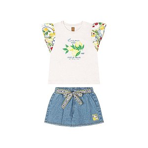 Conjunto Blusa e Short Jeans Estampa Limões Off White