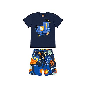 Conjunto Camiseta Malha e Bermuda Moletom Azul Escuro