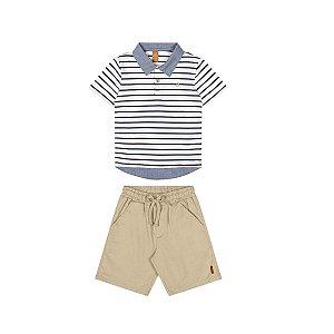 Conjunto Camisa Polo em Suedine e Bermuda Sarja Branco