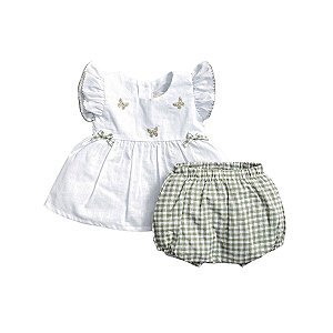 Conjunto Bata Maquinetada Bordada e Short Xadrez