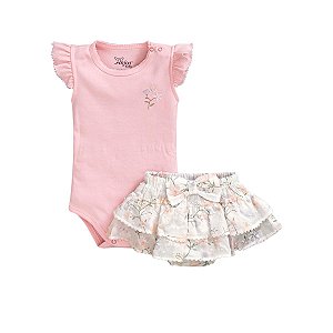 Conjunto Body Manga Curta Bordado e Short em Voil Floral
