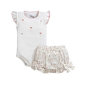 Conjunto Body Manga Curta Bordado e Short em Tricoline Flamê Floral