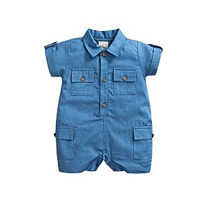 Macacão Curto em Tricoline com Bolsos Azul