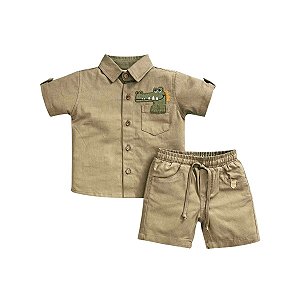 Conjunto Camisa Manga Curta Listrada e Bermuda Sarjinha Verde