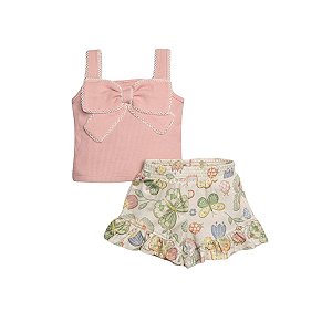 Conjunto Blusa Alças com Laço e Short Estampado Cotton