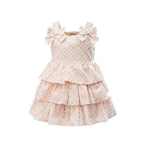 Vestido em Tricoline Flamê Xadrez com Laços Off White
