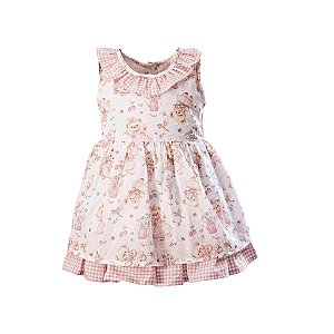 Vestido em Voil Estampa Ursinhas com Babado Xadrez Rosê