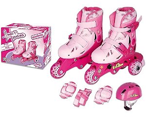 PATINS TRI LINE ROSA 30/33 AJUSTAVEL COM ACESSORIOS - FENIX BRINQUEDOS