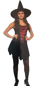 Fantasia Bruxa Espartilho Vermelho/Preto Adulto - Spook