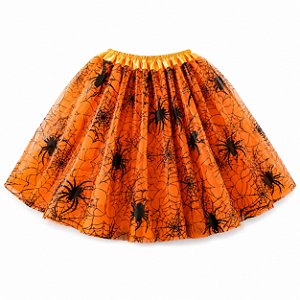 Saia de Tule Laranja com Aranhas 40cm - Partiu Festa