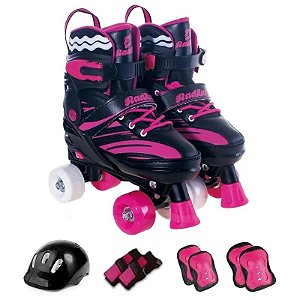 Patins 4 Rodas Preto/Rosa Ajustavel Com Acessorios 32/35 - Fenix Brinquedos