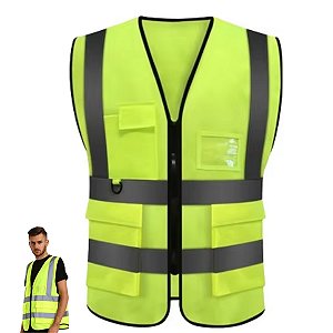 Colete Sinalizador Faixa Refletiva EPI Segurança do Trabalho Operario Obra Construçao Civil Estrada Rodovia Blusao Ziper