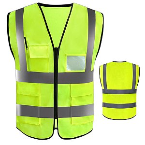 Colete Sinalizador EPI Faixa Refletiva Blusao Ziper Segurança do Trabalho Construçao Civil Obra Estrada Rodovia Operario