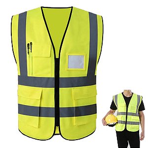 Colete Sinalizador Faixa Refletiva EPI Segurança do Trabalho Blusao Obra Bolsos Ziper Operario Construçao Civil Estrada