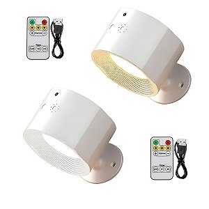 Luminaria Arandela LED 3 Tons Kit 2 uni USB Bateria Recarregavel Controle Mesa Cabeceira Quarto Sala Iluminaçao