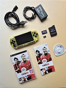 PSP 3000 (Playstation Portable) Amarelo Translúcido 128Gb Lotado de Jogos + FIFA 09