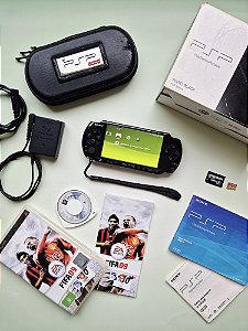 PSP 3000 (Playstation Portable) Preto Completo 64Gb Lotado de Jogos + FIFA 09