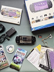 PSP 3000 (Playstation Portable) Preto Completo 8Gb Lotado de Jogos + PES 2010