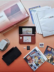 Nintendo 3DS Vermelho Completo na Caixa Original + Cartão SD 32GB Cheio de Jogos + Jogo LEGO The Movie Videogame