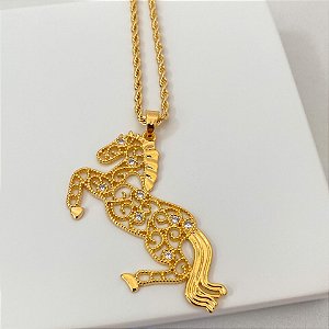 Colar Feminino Brutão com Zircônias no Cordão Baiano Banhado a Ouro 18K