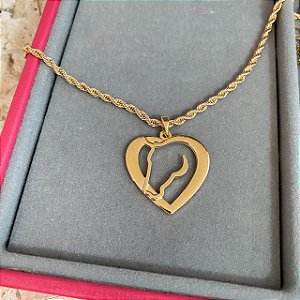 Colar Feminino Coração com Rosto de Cavalo no Cordão Baiano Banhado a Ouro 18K