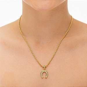 Colar Feminino Ferradura Cravejada com Cordão Baiano Banhado a Ouro 18K