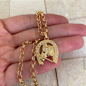 Colar Feminino Cavalo e Ferradura com Cordão Elo Português Banhado a Ouro 18K