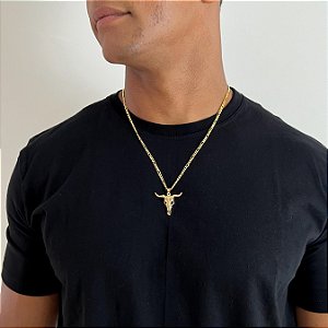 Colar Masculino Touro com Cordão 3x1 Banhado a Ouro 18K