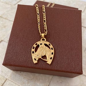 Colar Masculino Cavalo e Ferradura com Cordão 3x1 Banhado a Ouro 18K