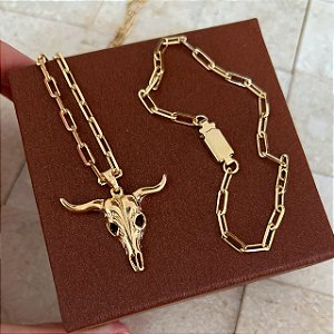 Conjunto Masculino Touro com Cordão Cartier Banhado a Ouro 18K