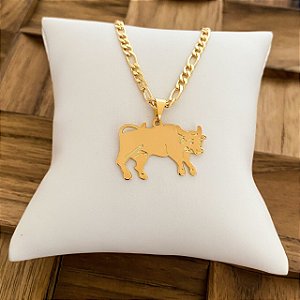 Colar Masculino Touro Bravura com Cordão 3x1 Banhado a Ouro 18K