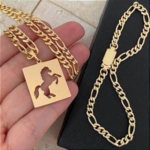 Conjunto Masculino Medalha Country com Cordão 3x1 Banhado a Ouro 18K