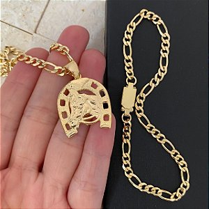 Conjunto Masculino Cavalo na Ferradura Rústico com Cordão 3x1 Banhado a Ouro 18K