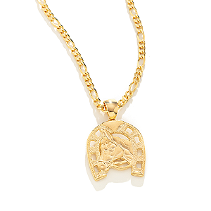 Colar Masculino Cavalo na Ferradura Rústico com Cordão 3x1 Banhado a Ouro 18K