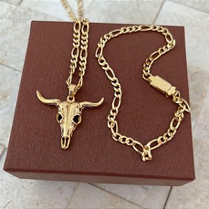 Conjunto Masculino Touro com Cordão 3x1 Banhado a Ouro 18K