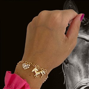 Pulseira Feminina Cavalo e Coração Cravejado com Zircônia Banhada a Ouro 18K