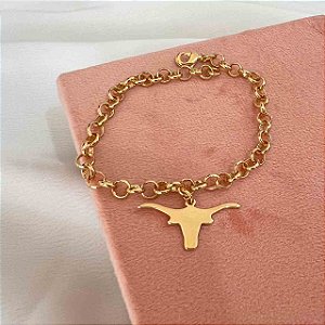 Pulseira Feminina com Touro em Elo Português Banhada a Ouro 18K