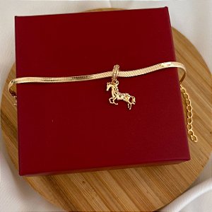 Pulseira Feminina com Fita e Berloque de Cavalo com Zircônia Banhada a Ouro 18K