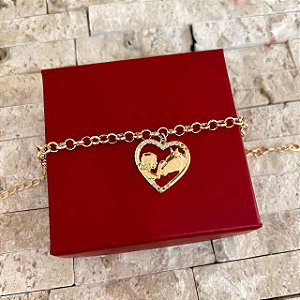 Pulseira Feminina Vaqueira com Coração em Elo Português Banhada a Ouro 18K